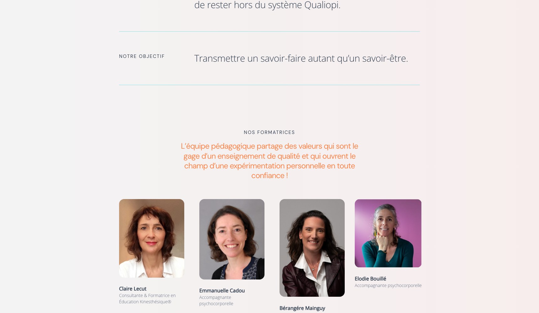 En Mouvement trainer profiles with their certifications and specialities