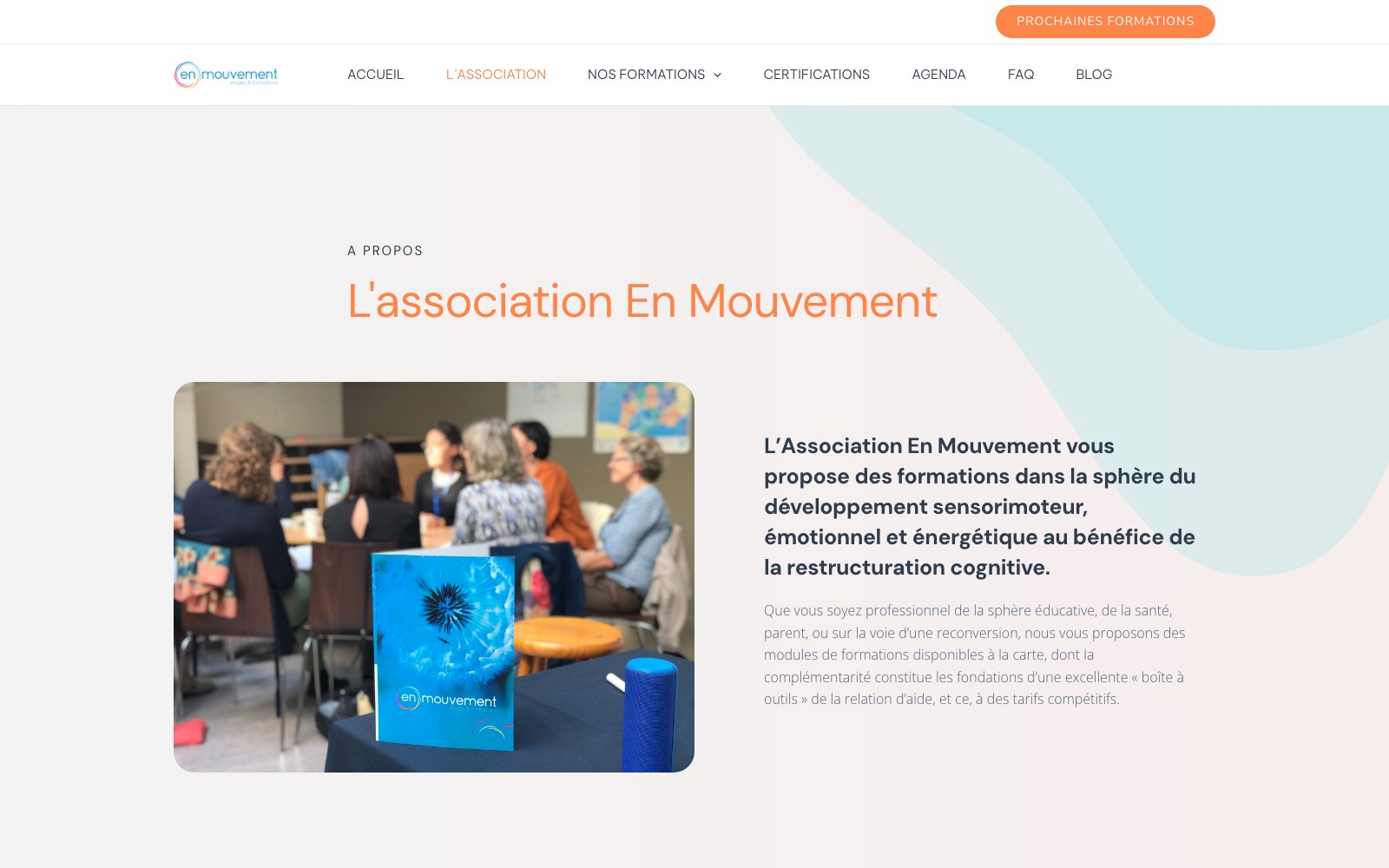 En Mouvement association page: sensorimotor, emotional and energetic development training
