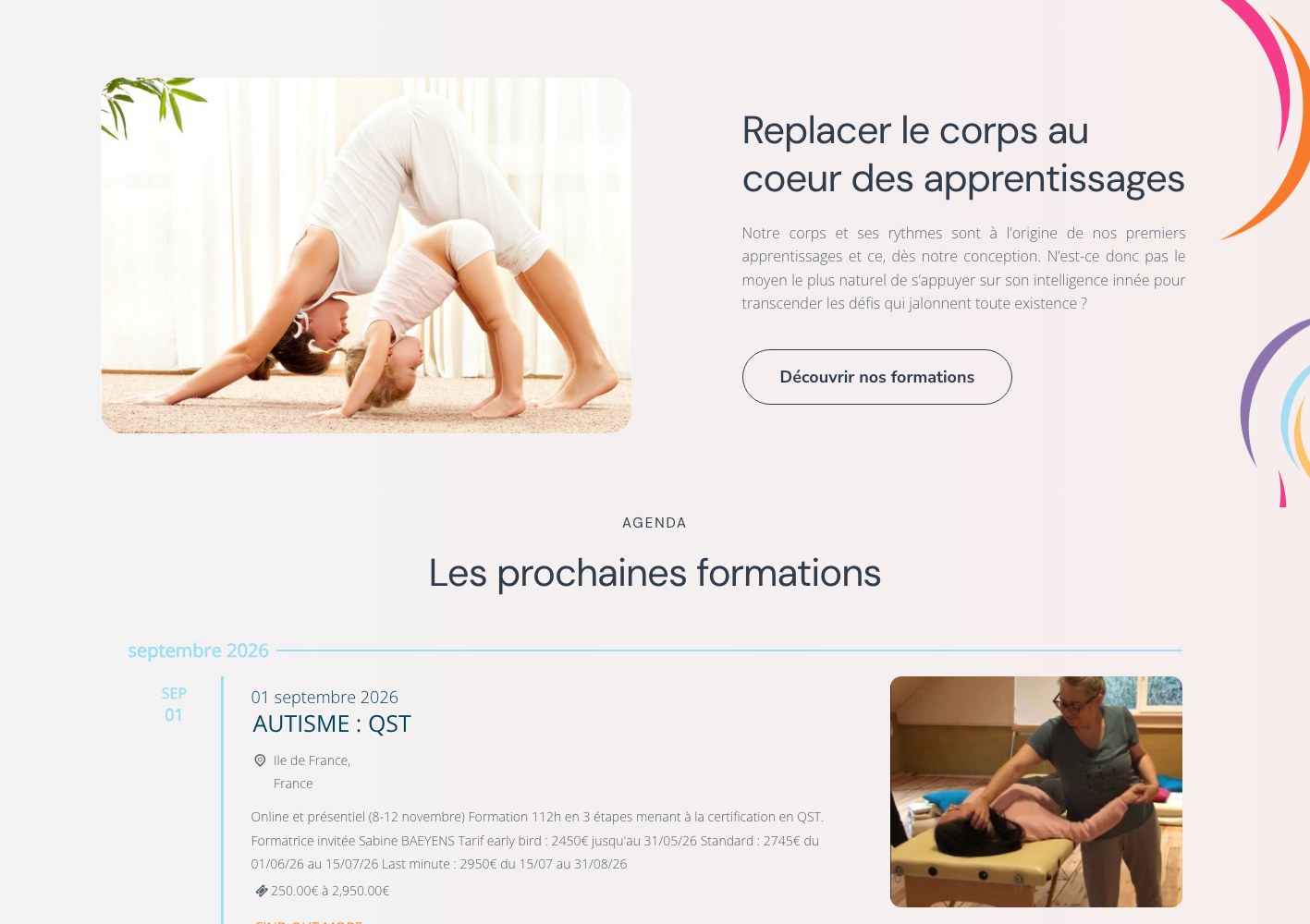 En Mouvement homepage: the body at the heart of learning, above the session agenda