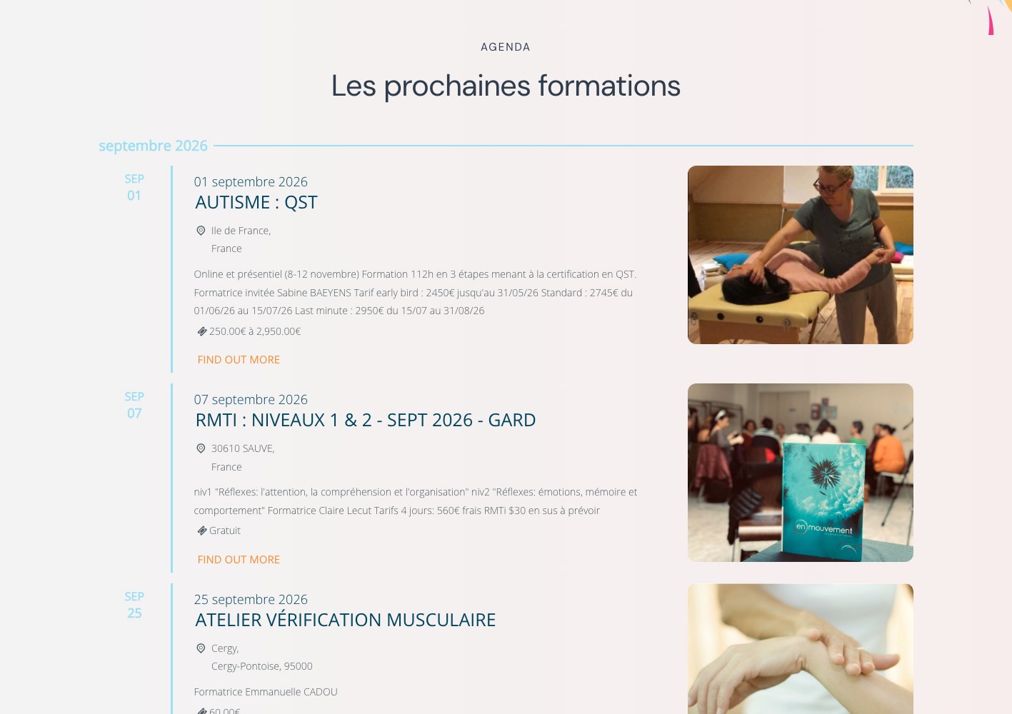 En Mouvement upcoming trainings list with autism and RMTi modules
