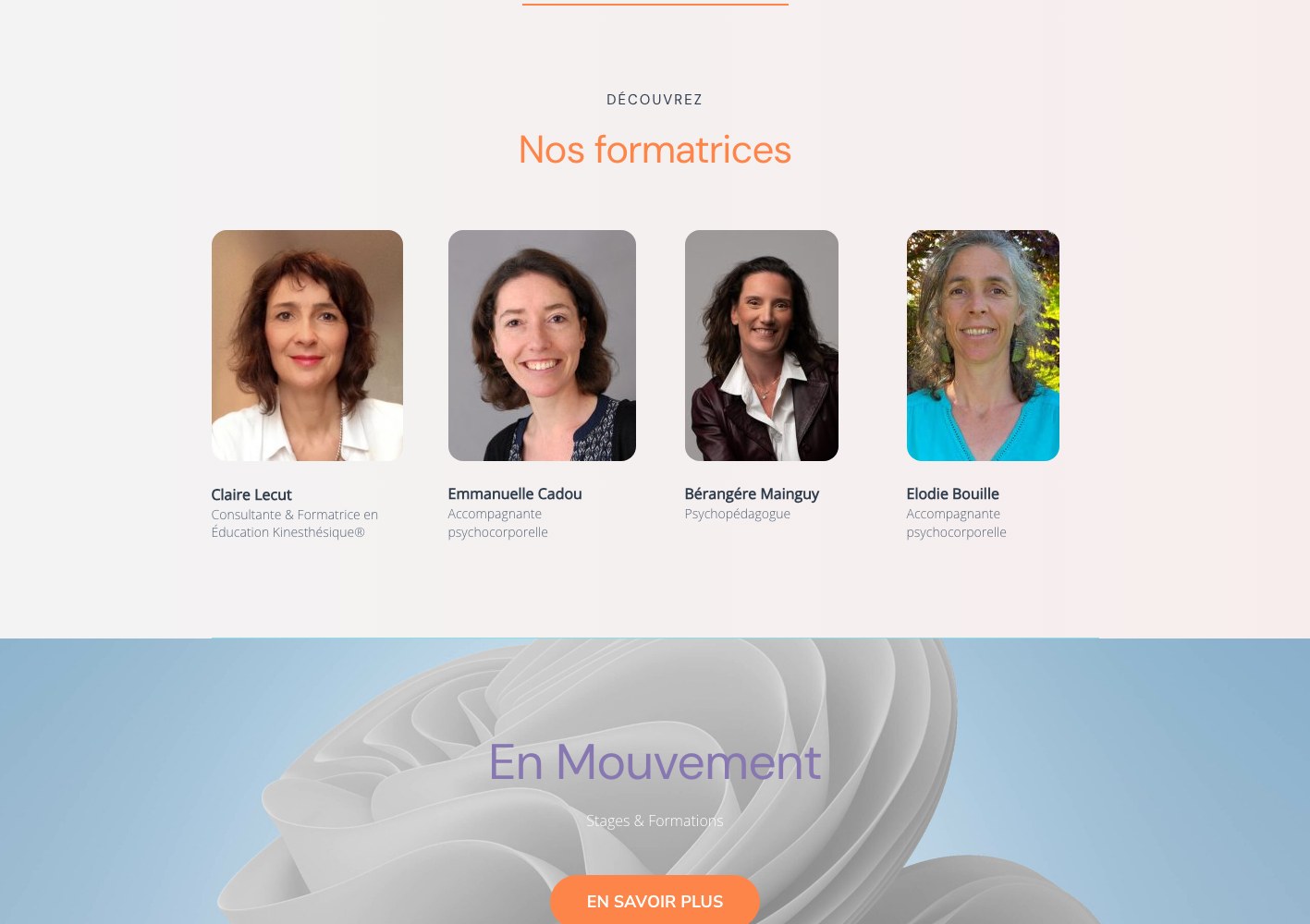 En Mouvement Nos formatrices section with the four certified trainers