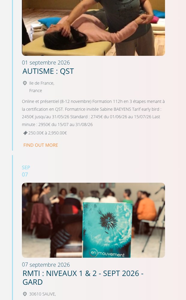 En Mouvement mobile training cards with dates, locations and prices