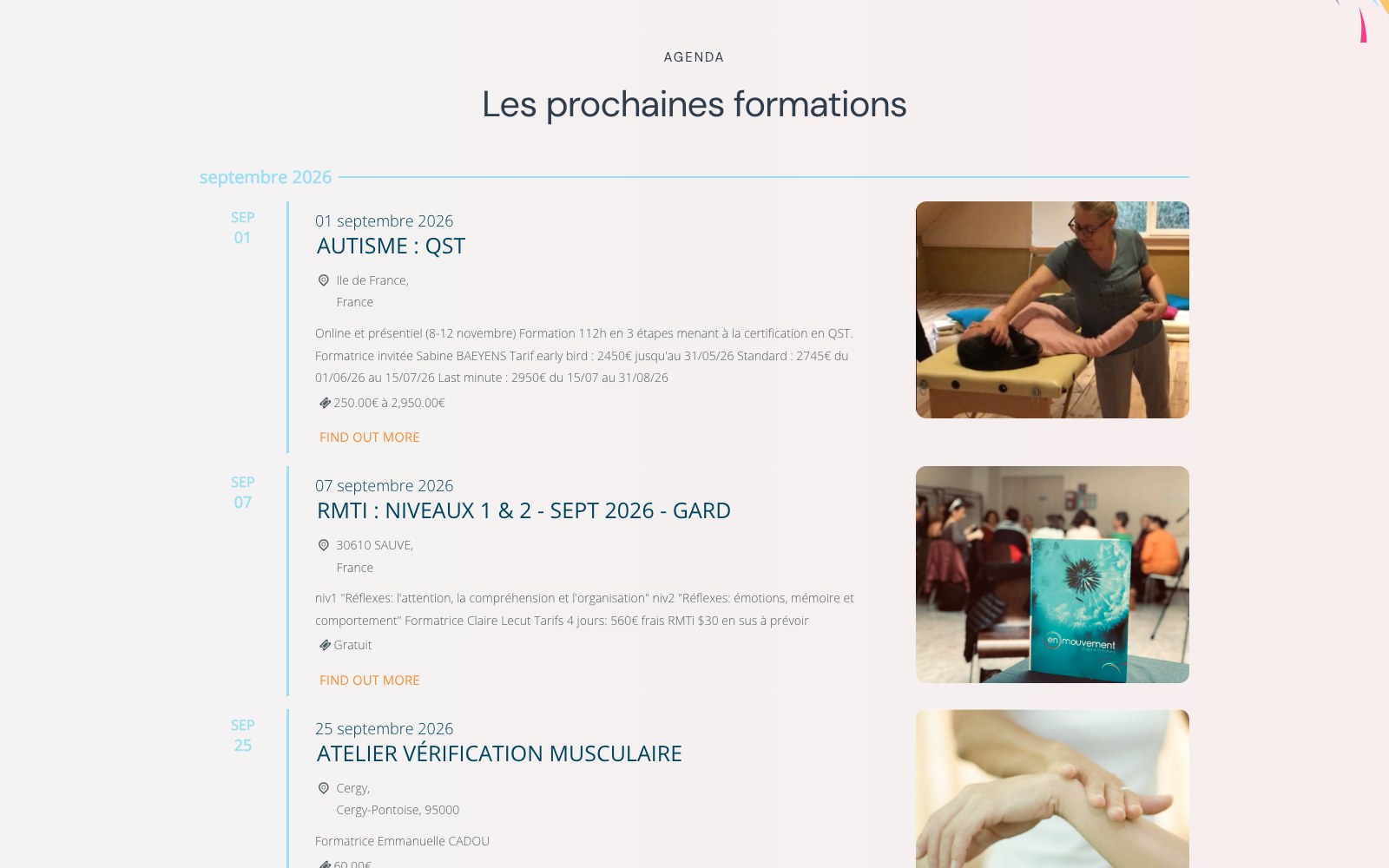 En Mouvement upcoming trainings agenda with dates, cities and prices