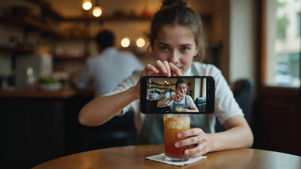 A young cafe worker filming a drink being poured on a phone propped against a napkin holder, photographed in Nice
