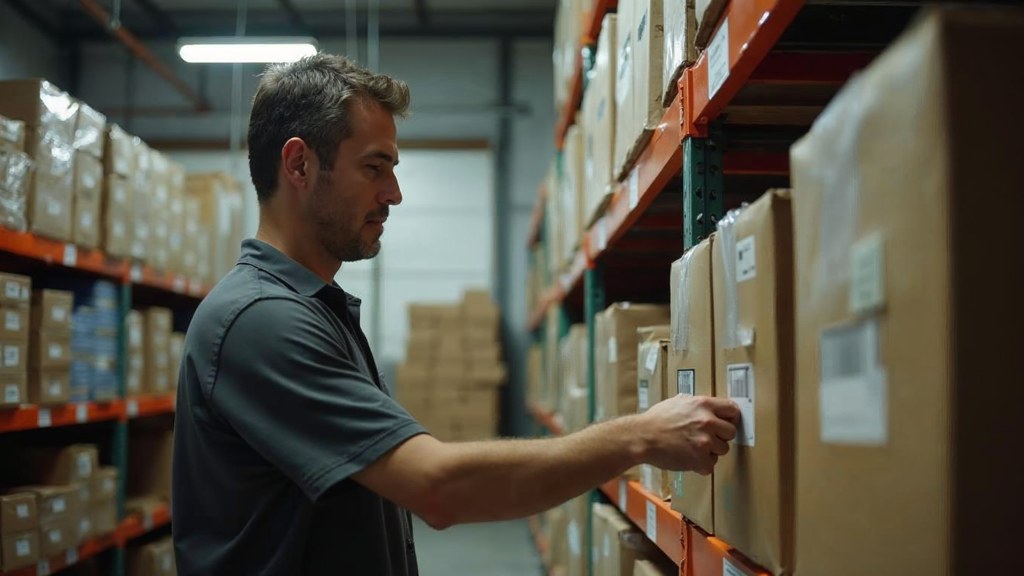 A seller checking barcodes on stacked cartons in a garage stockroom, photographed in Nice