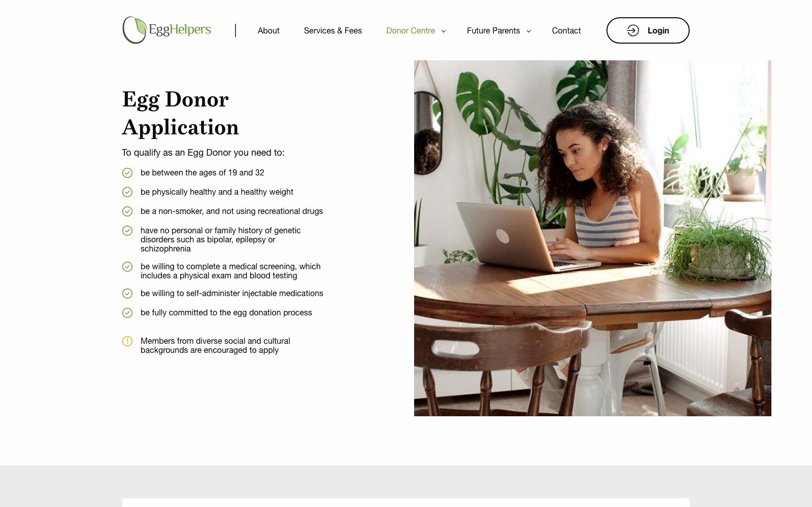 Egg donor application page listing the eligibility criteria