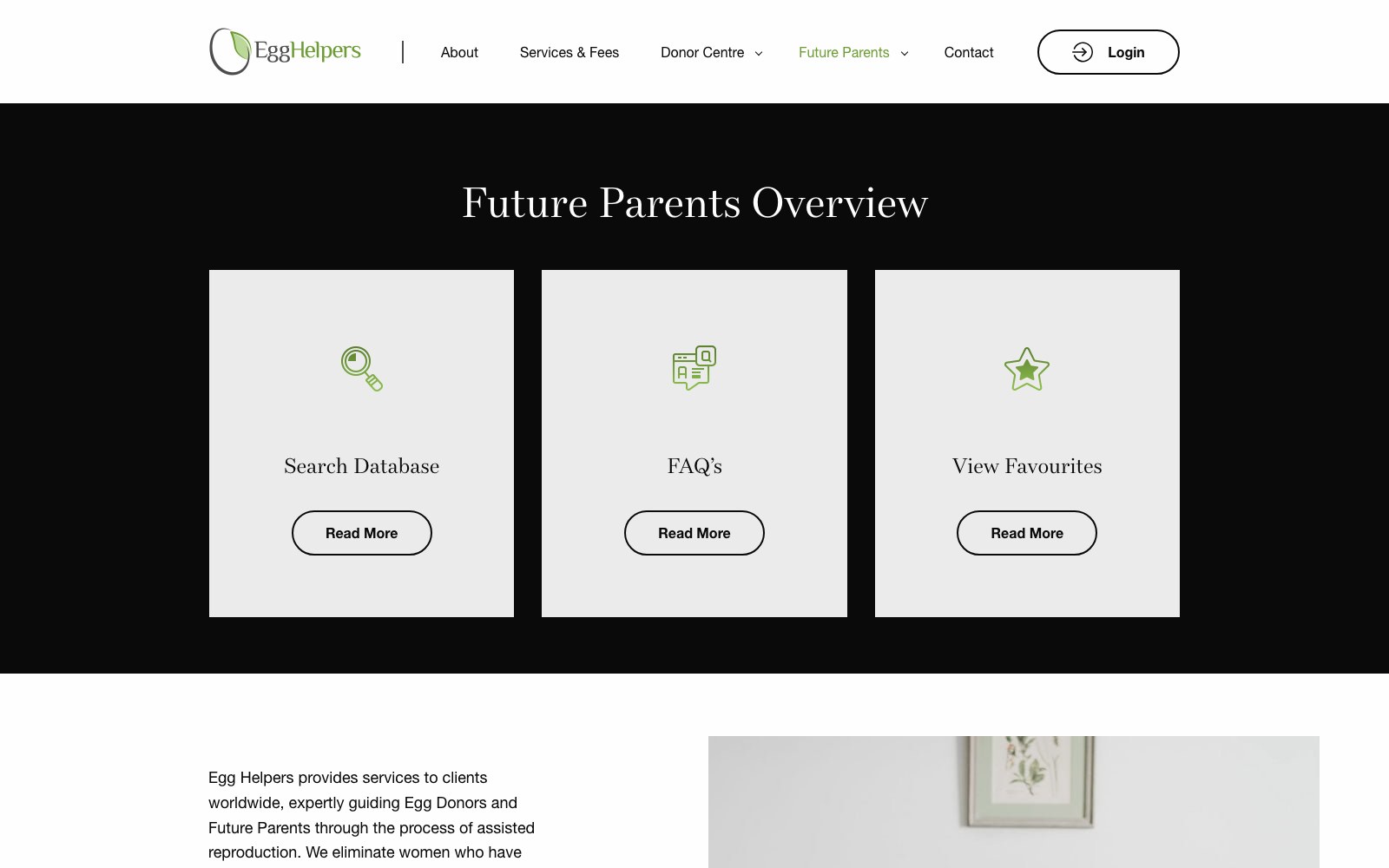 Future Parents overview with the database, FAQs and favourites cards