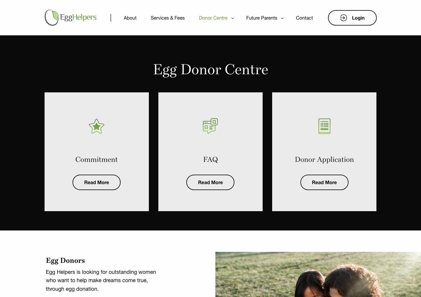 Egg Donor Centre with commitment, FAQ and application cards