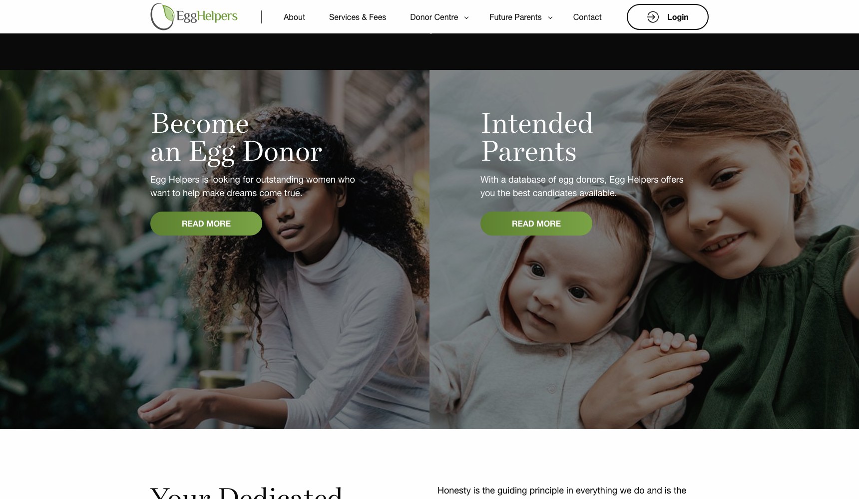 The homepage fork: become an egg donor on one side, intended parents on the other