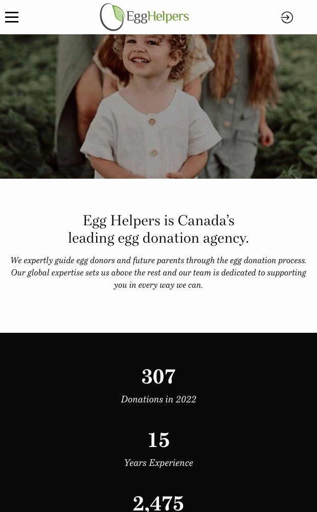 Mobile homepage with the agency positioning and donation counters