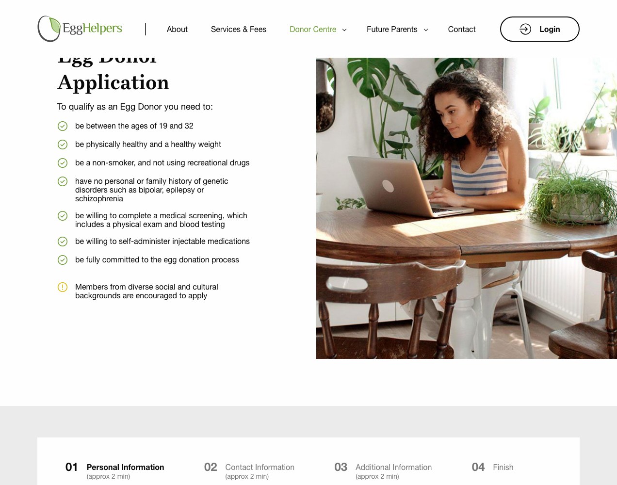 Egg donor application requirements shown across the wide layout