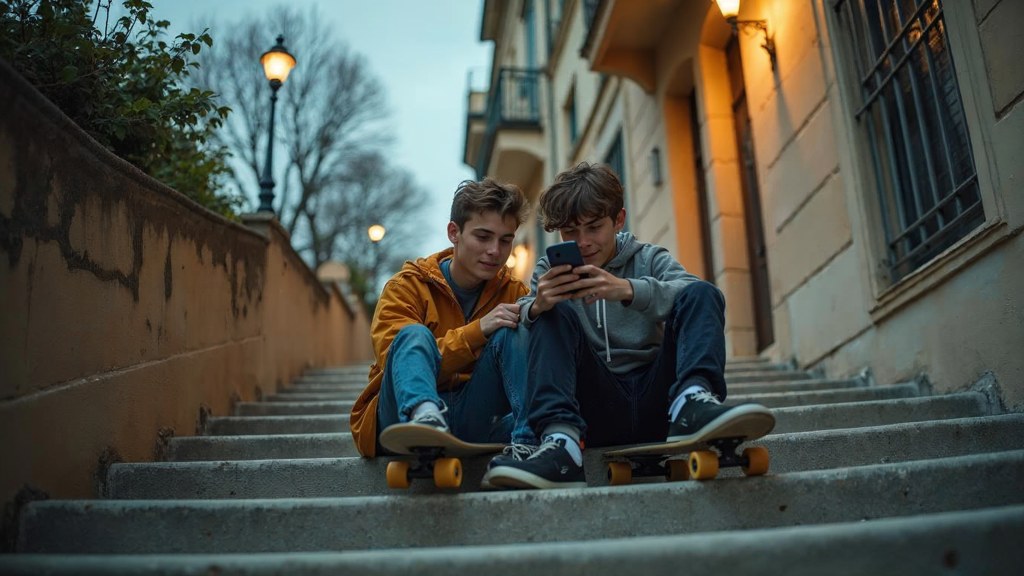 Two teenagers on skateboards looking at a phone on a set of concrete steps, photographed in Nice