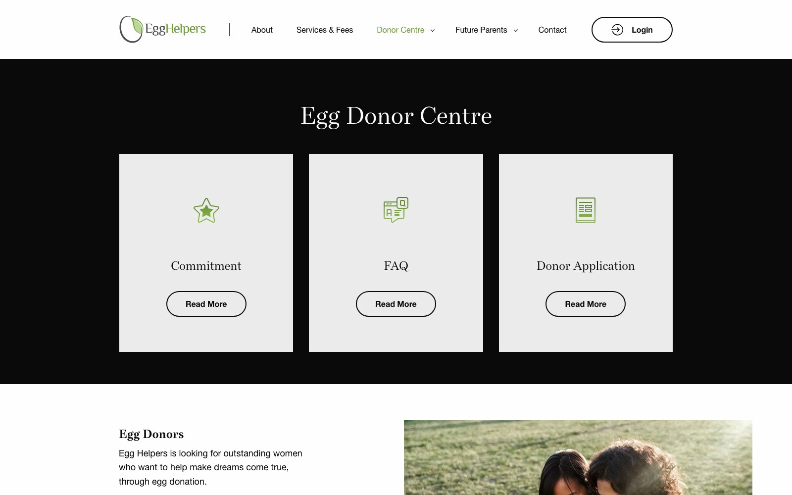 Egg Donor Centre cards: commitment, FAQ and donor application