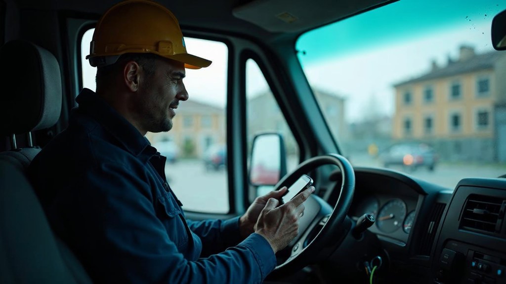A contractor sitting in the cab of a work van reviewing a phone before driving off, photographed in Nice