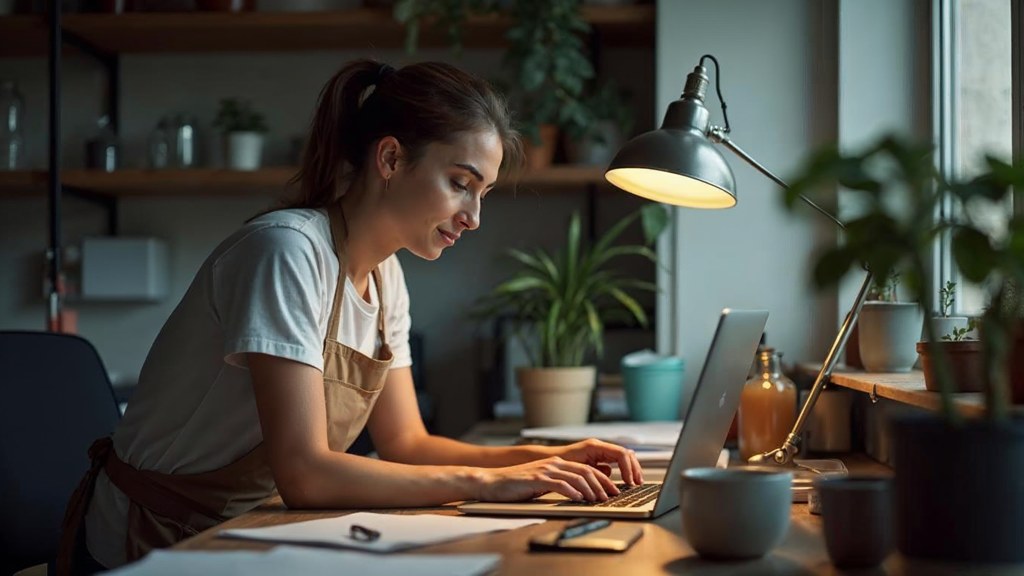 A small-business owner in an apron leaning over a laptop on a cluttered back-office desk late in the day, photographed in Nice