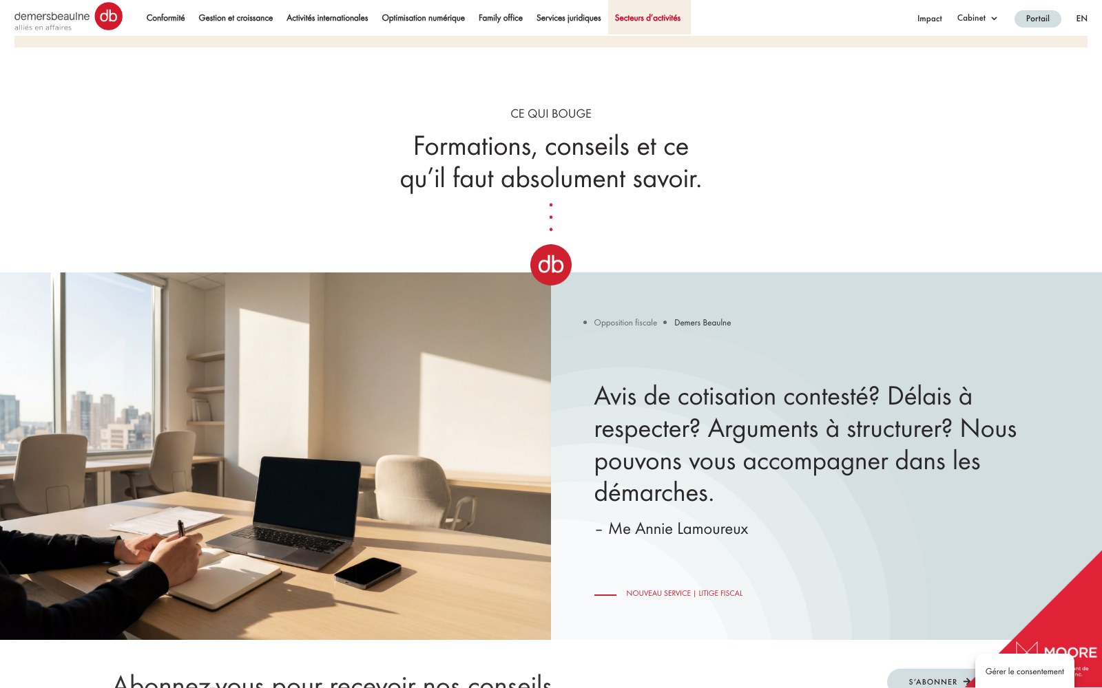 Ce qui bouge — training and advisory notes beside a boardroom photograph