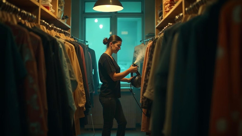A boutique owner steaming garments in a narrow shop stockroom at opening time, photographed in Nice