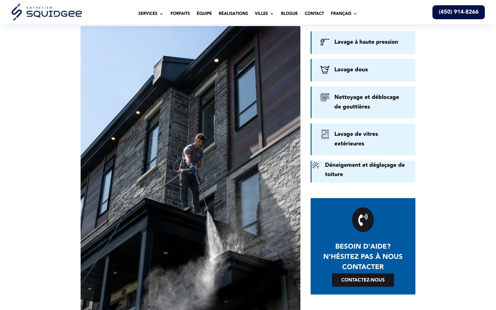 Pressure washing service page with the service list beside it