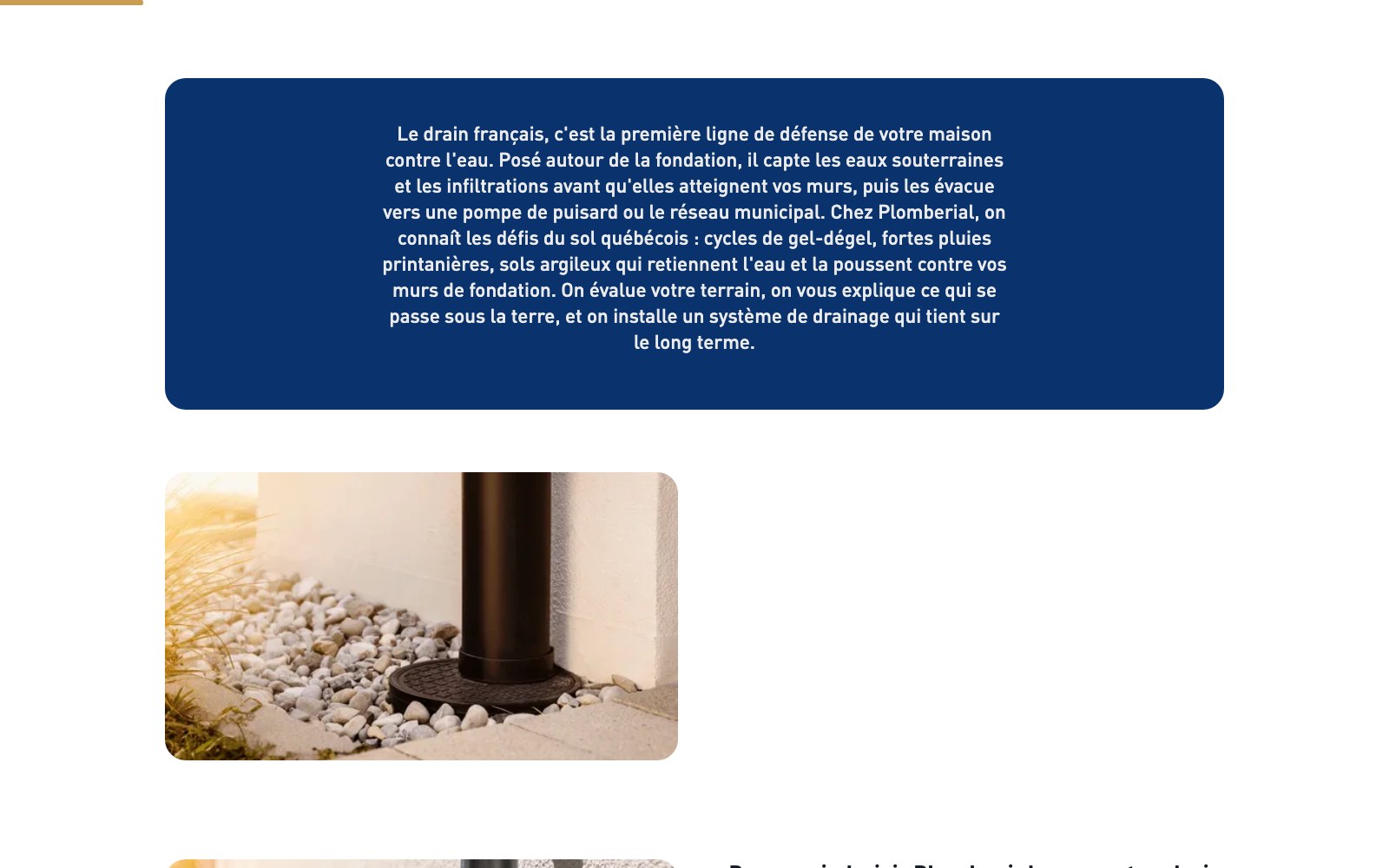 French drain explainer copy beside a photograph of the excavated foundation