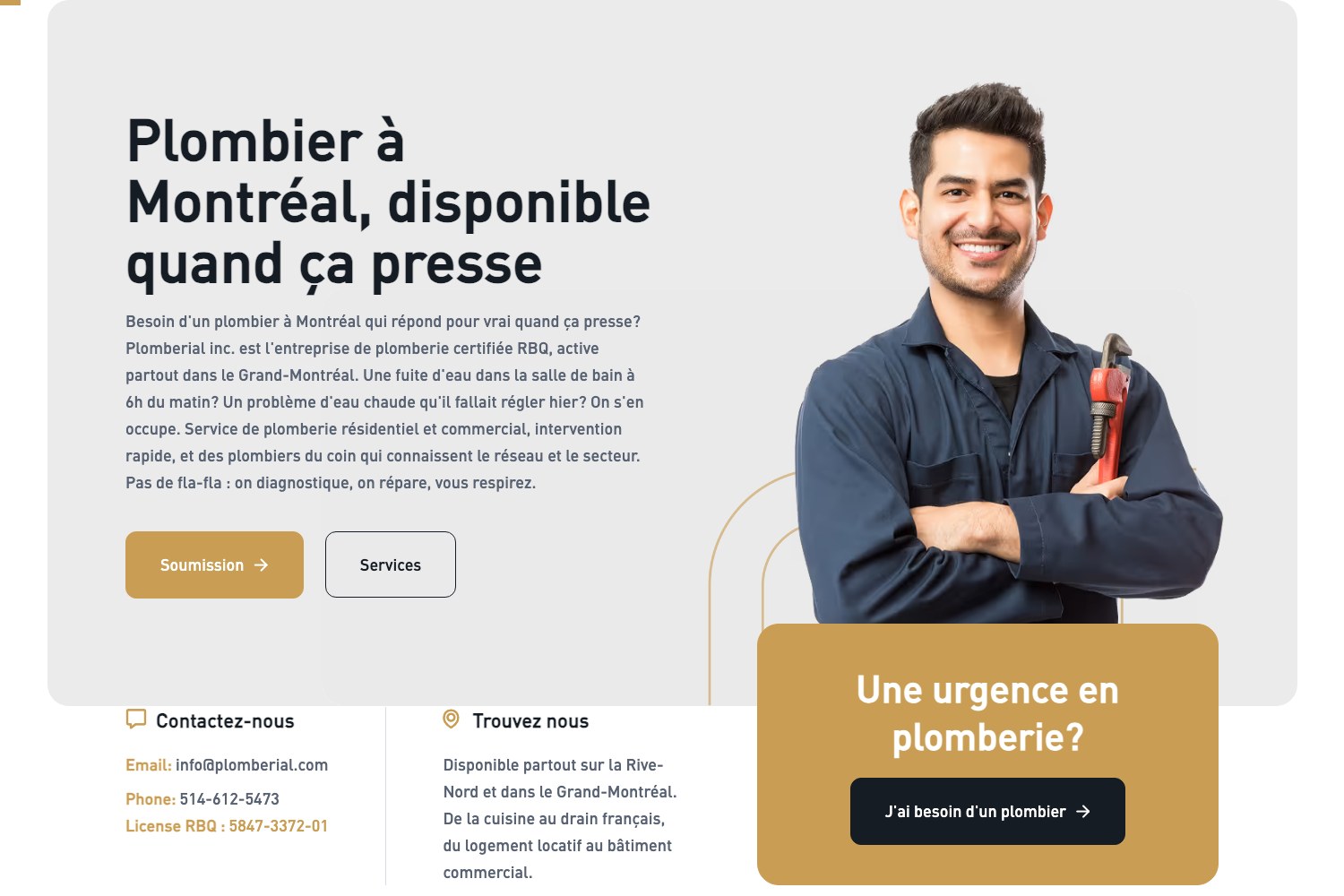 Plomberial homepage hero — plumber in Montréal, available when it matters