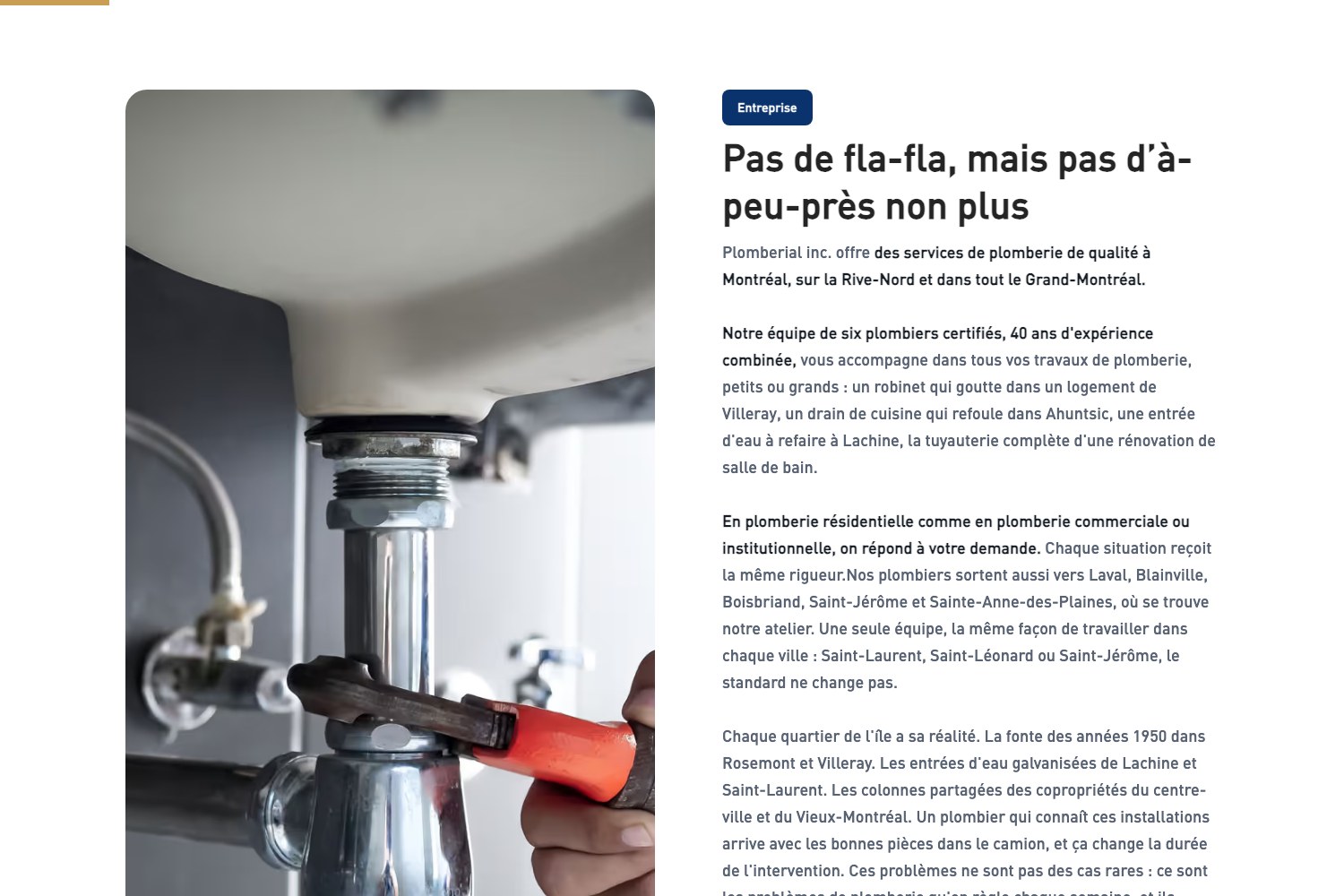 Pas de fla-fla, mais pas d'à-peu-près non plus — the positioning copy beside a pipework photograph