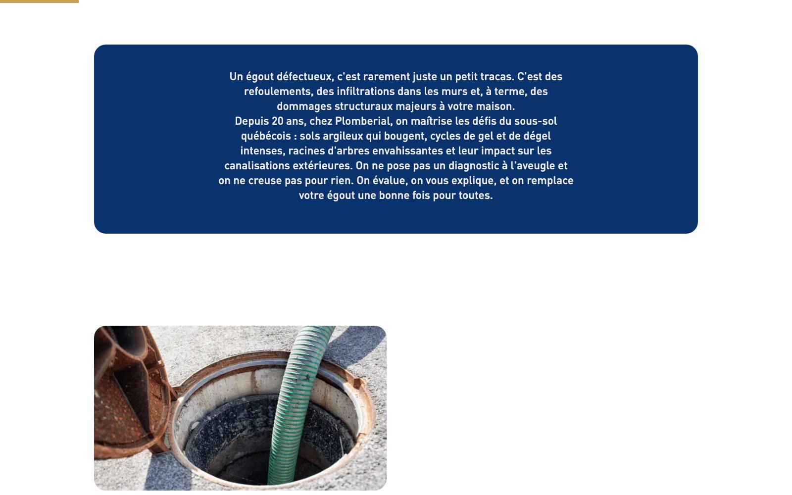 Sewer replacement explainer panel above a manhole photograph