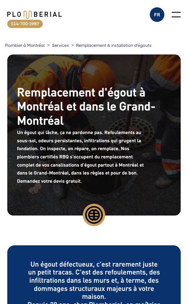 Mobile sewer replacement service page with its breadcrumb trail