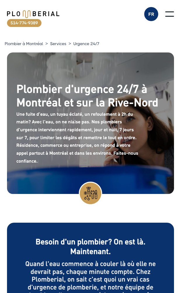 Mobile 24/7 emergency plumber page for Montréal and the Rive-Nord