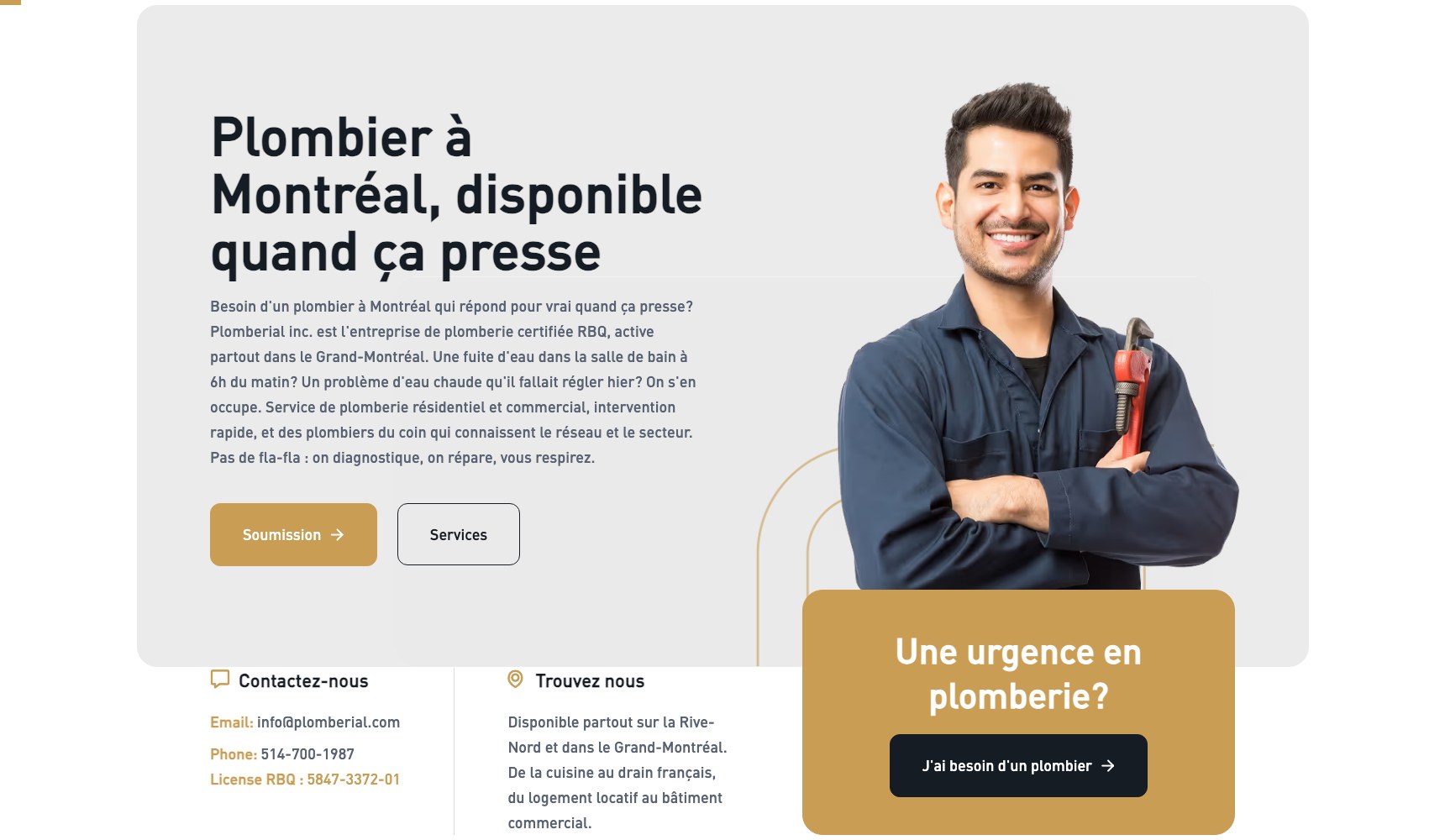 Wide view of the Plomberial homepage hero with the emergency call-out panel