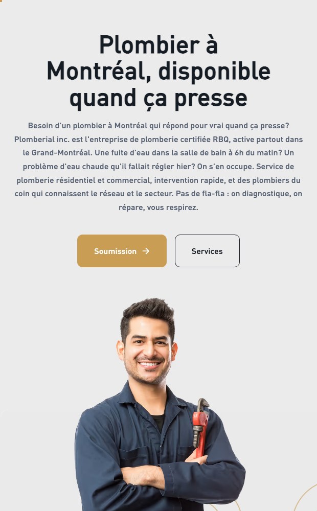 Mobile homepage with the quote and services buttons above the plumber photograph