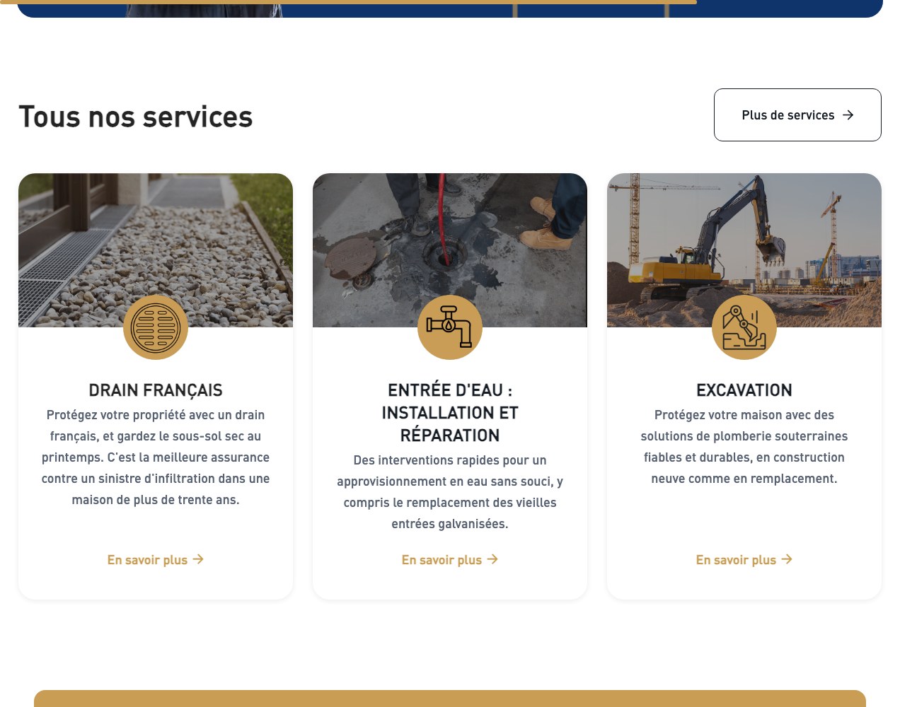 Tous nos services grid of French drain, water entry and excavation cards