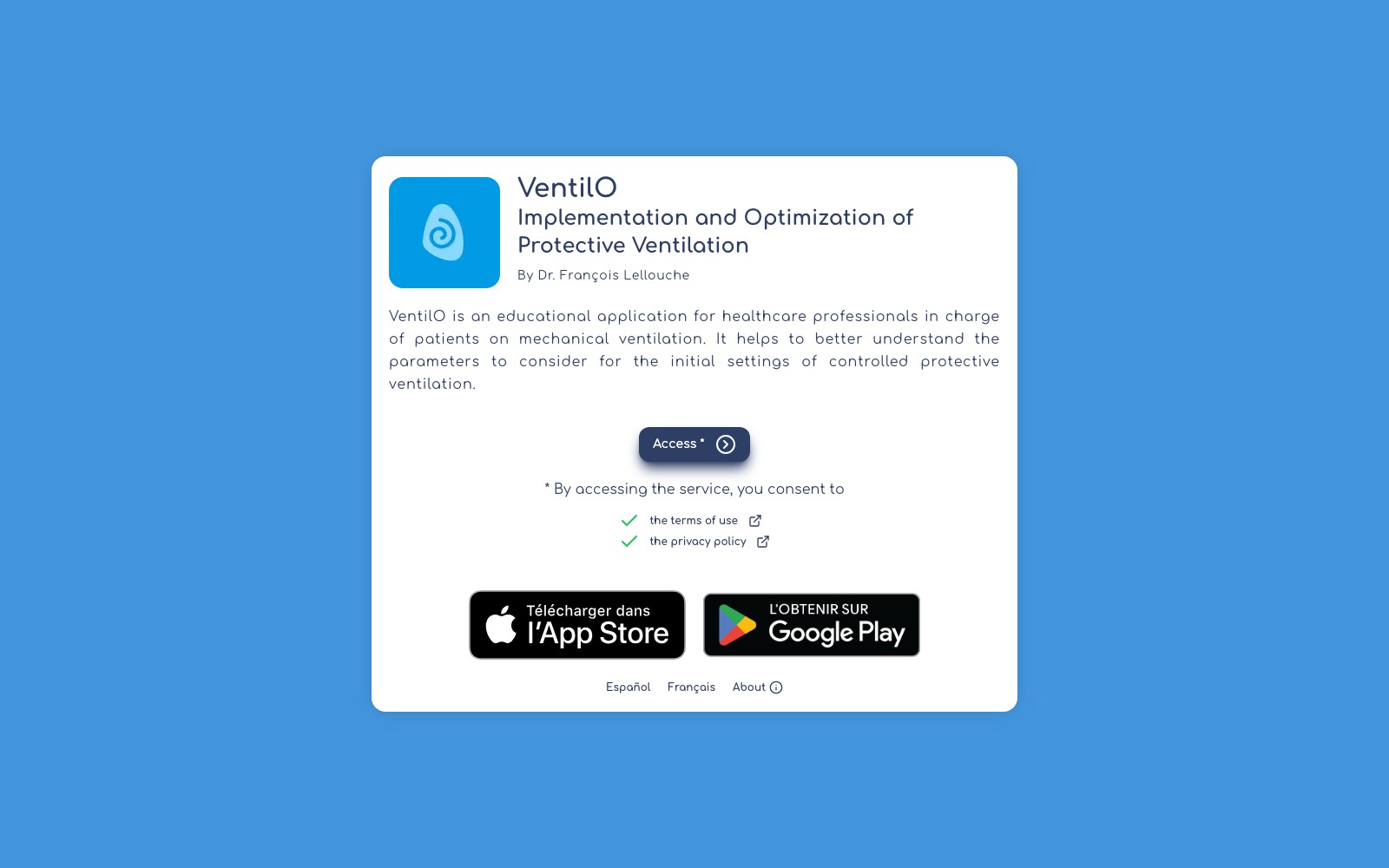 VentilO clinical web app homepage