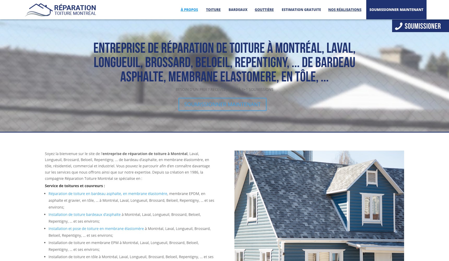 Roof repair company page covering Montreal, Laval, Longueuil and Brossard