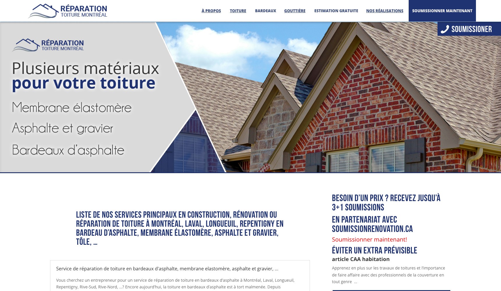 Homepage hero listing elastomeric membrane, asphalt and gravel and asphalt shingle