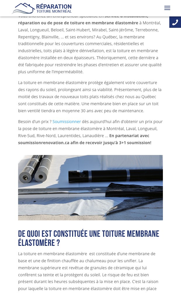 Mobile page explaining how an elastomeric membrane roof is built up