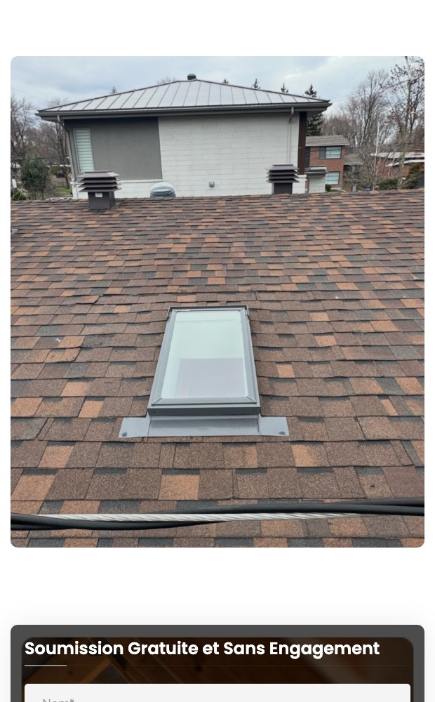 Mobile view of a shingle roof with a skylight above the quote form