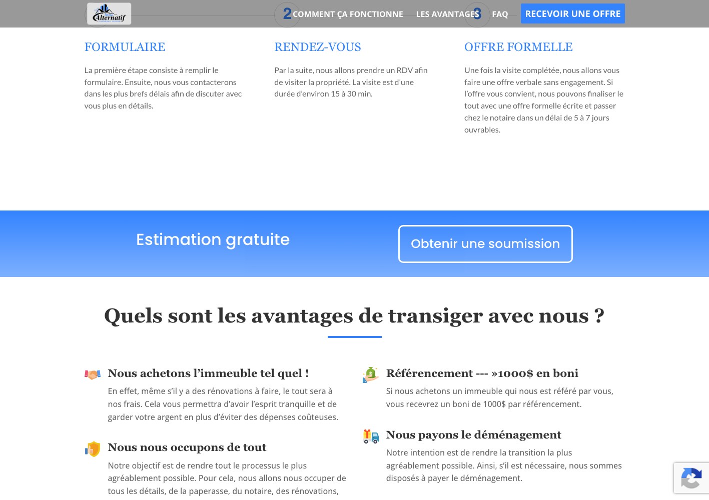 Estimation gratuite call-to-action bar above the advantages section