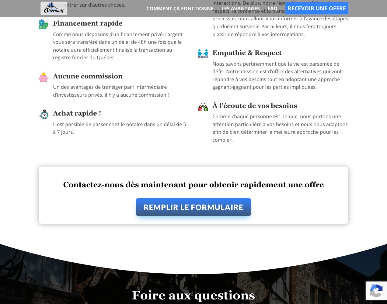 Advantages blocks above the contact prompt and FAQ heading