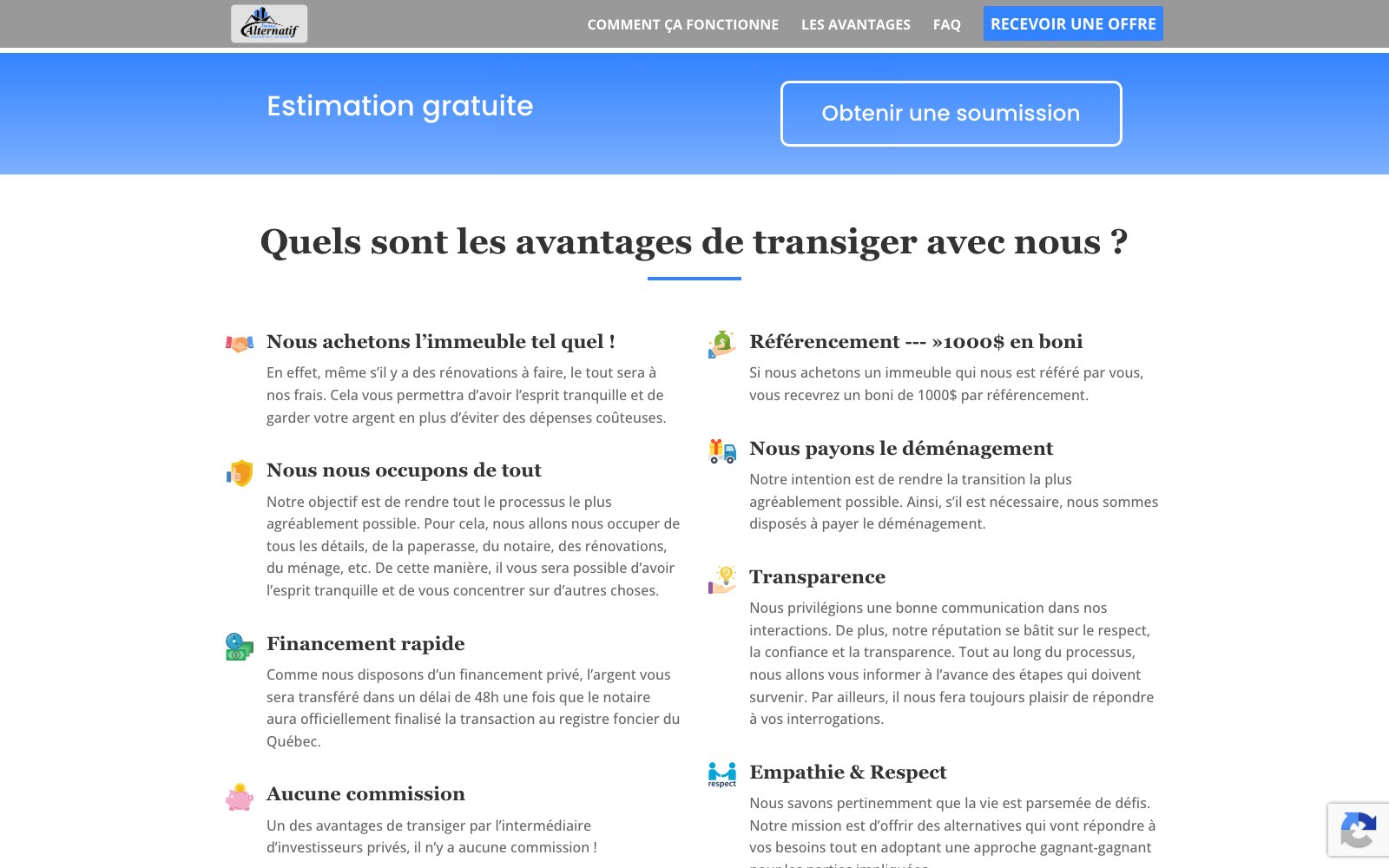 Full advantages grid covering financing, transparency, commission and speed