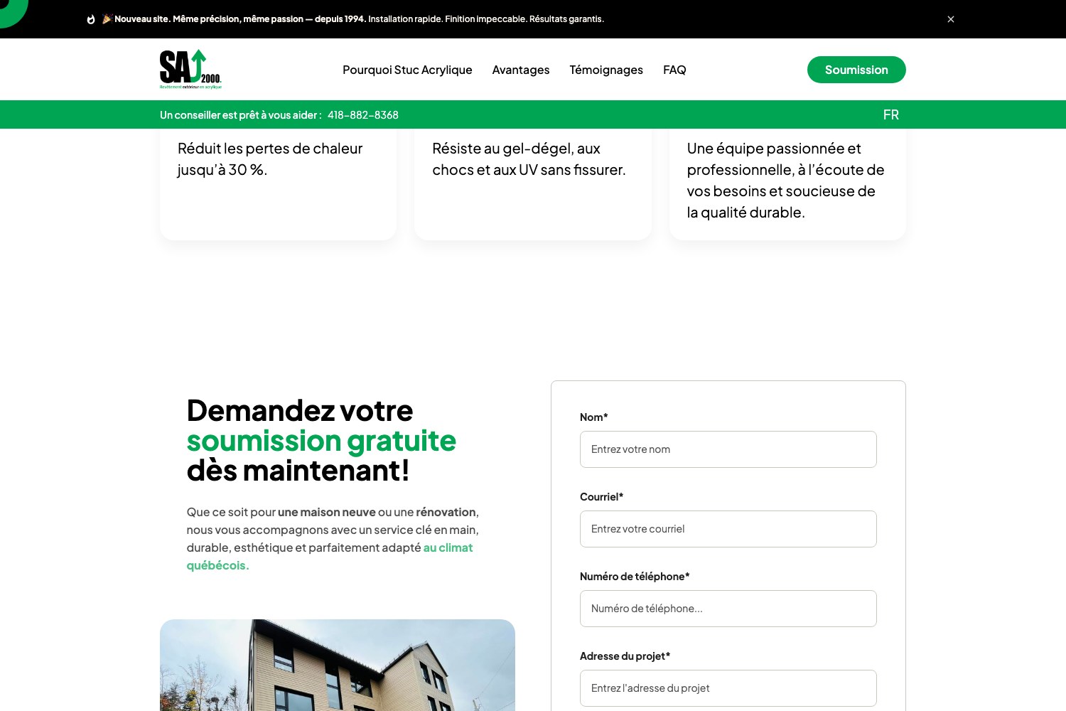 Free quote form sitting directly under the benefit block on stucacrylique.com