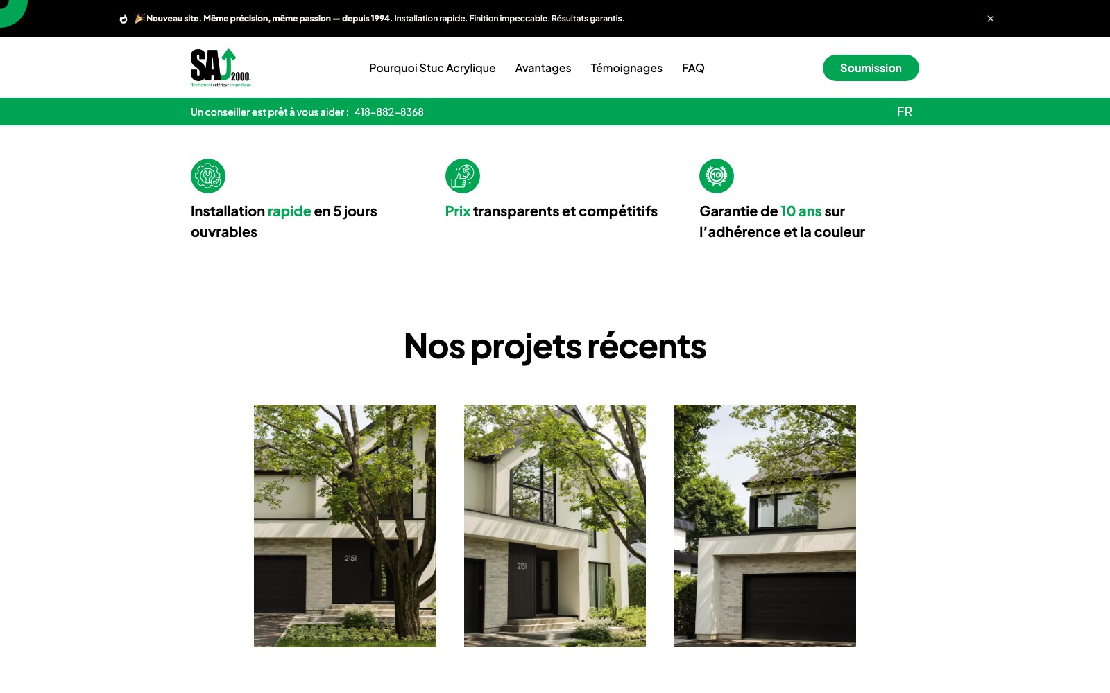 Five-day installation, transparent pricing and ten-year guarantee above the project gallery