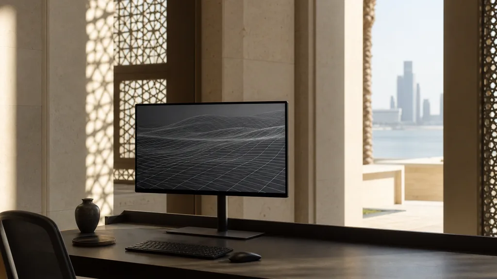 Editorial photograph of an Abu Dhabi design studio with pale stone walls, mashrabiya screen shadows and bright desert daylight