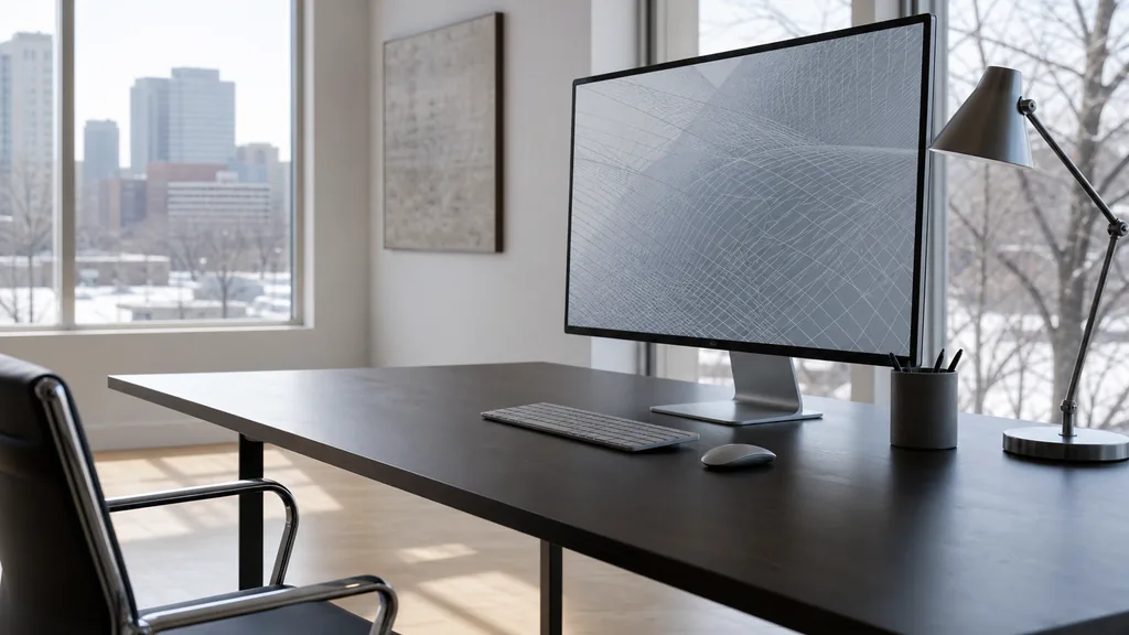 Editorial photograph of a Winnipeg design studio with pale birch floor, white walls and crisp bright winter daylight