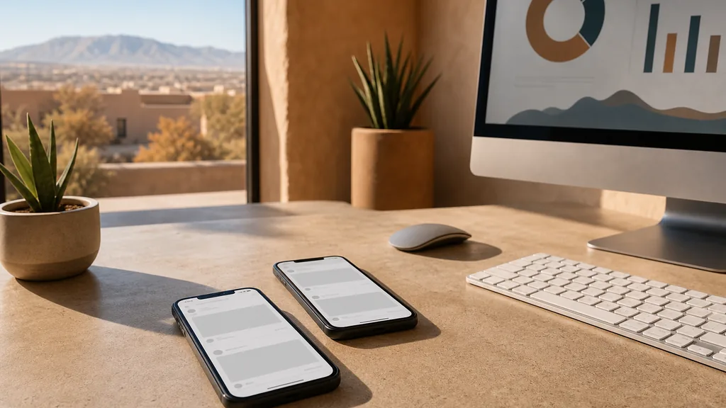 Editorial photograph of an Albuquerque marketing studio with adobe plaster walls and warm high-desert light
