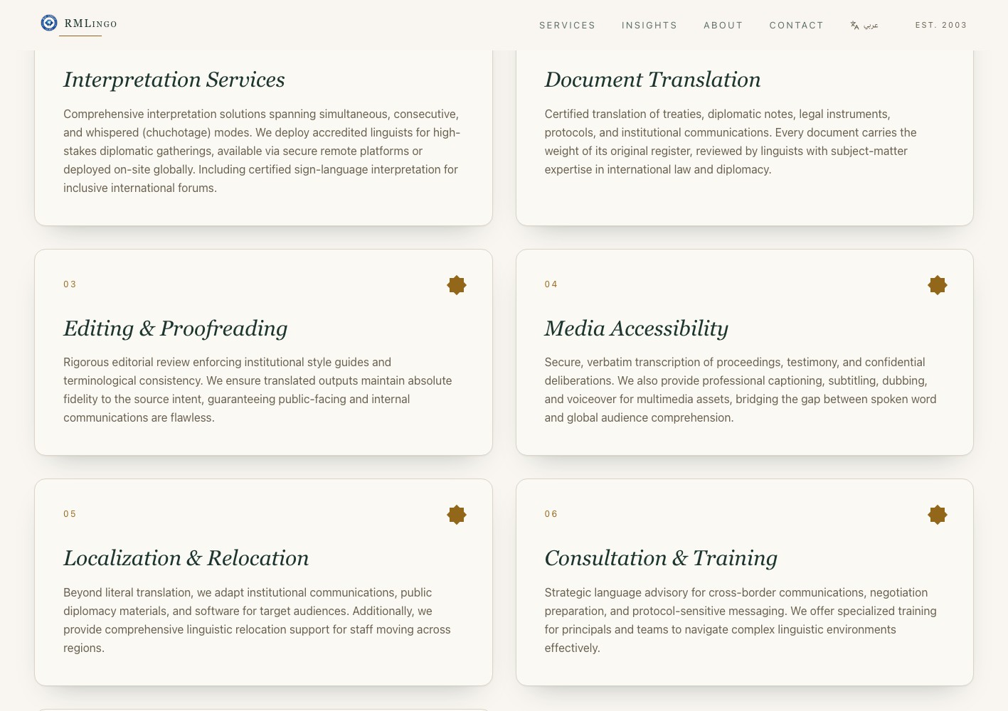 RM Lingo services page detail, six explained service lines from interpretation to consultation and training