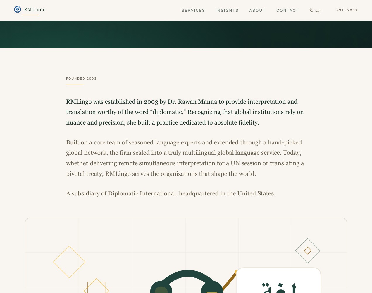 RM Lingo about page founder story, established in 2003 by Dr. Rawan Manna