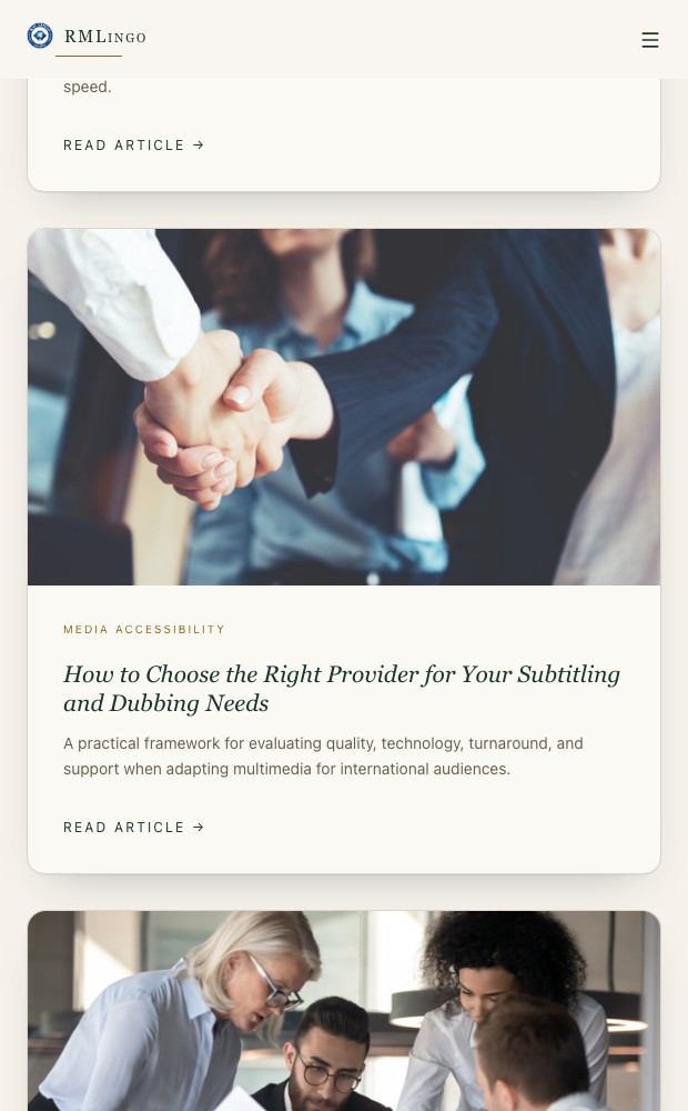 RM Lingo mobile insights index with the published article cards