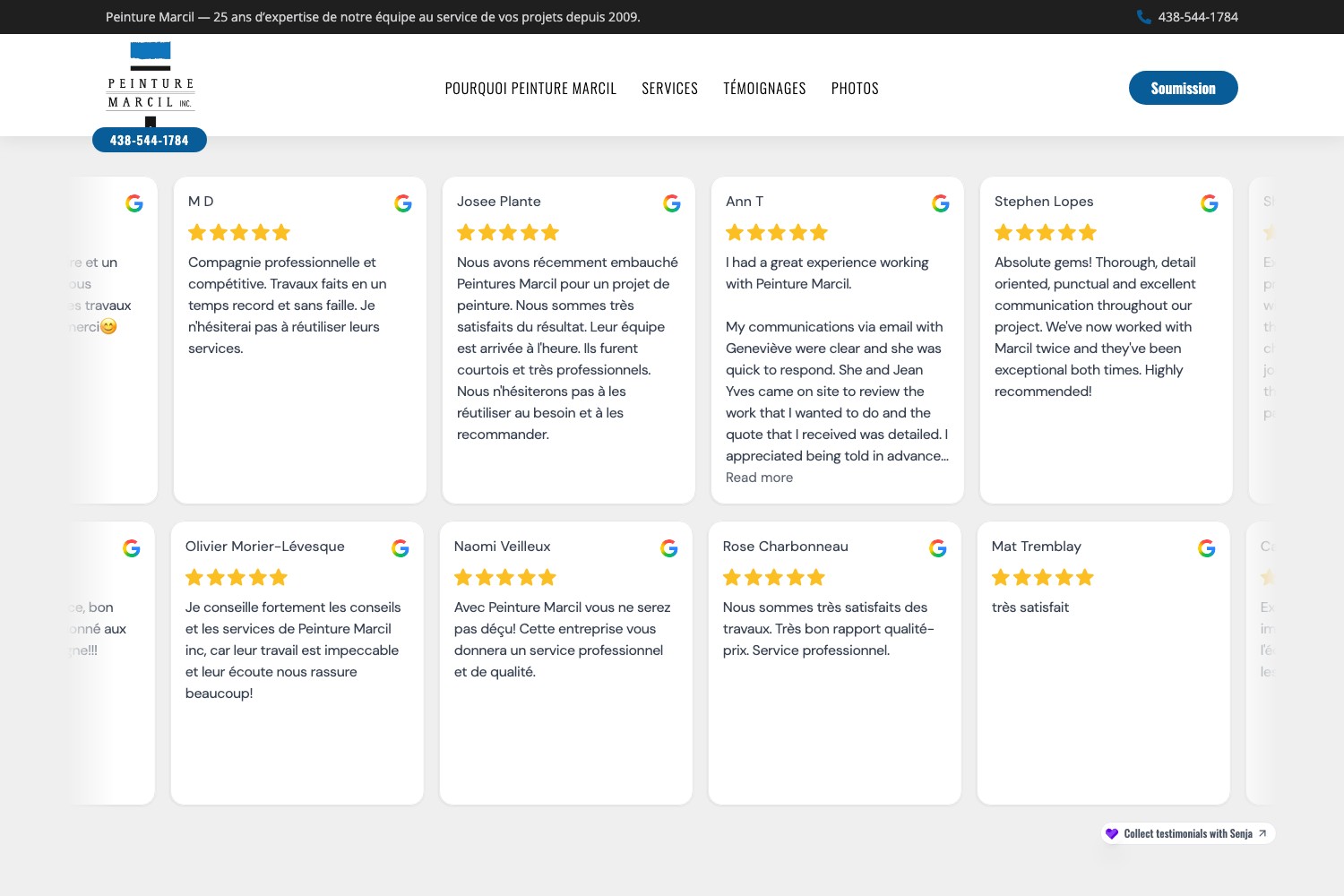 Peinture Marcil five-star Google reviews wall from named clients
