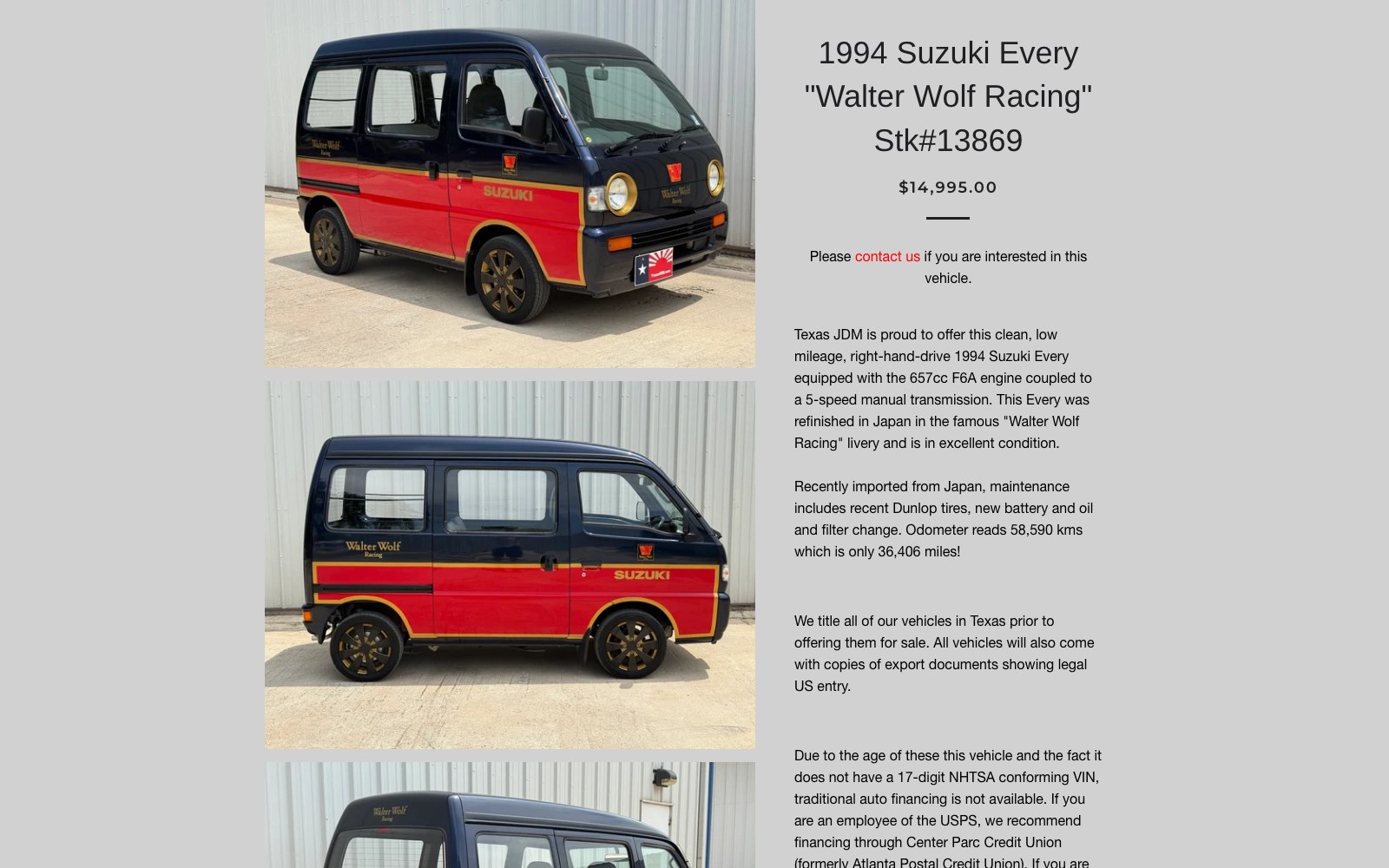 Product page for a 1994 Suzuki Every Walter Wolf Racing kei van with specification copy