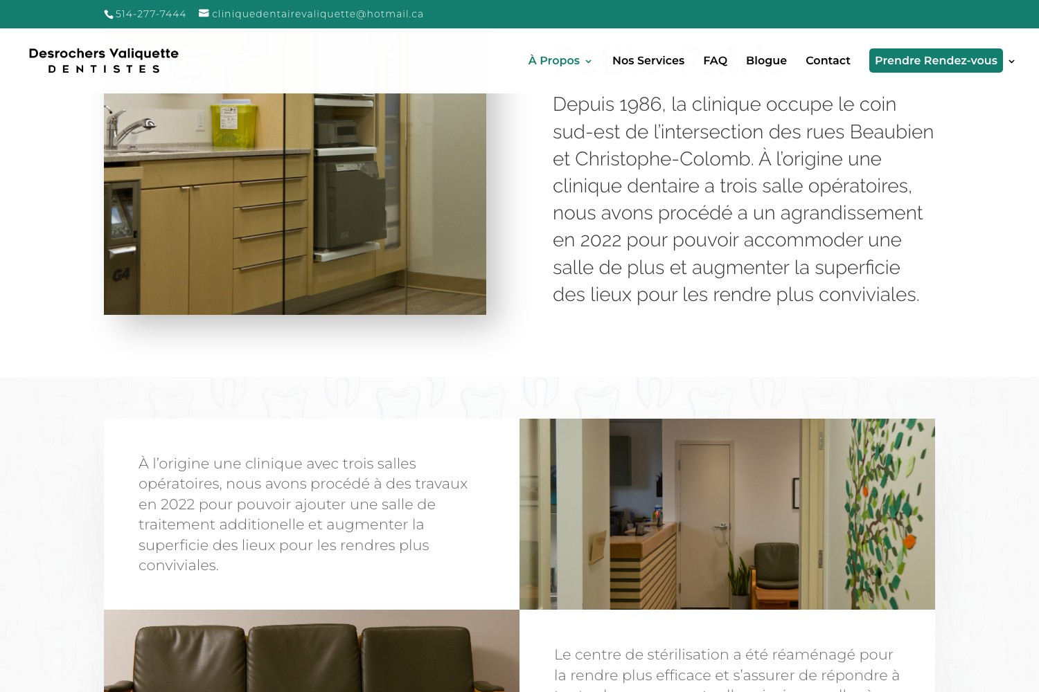 La clinique page describing the practice since 1986 beside operatory photographs